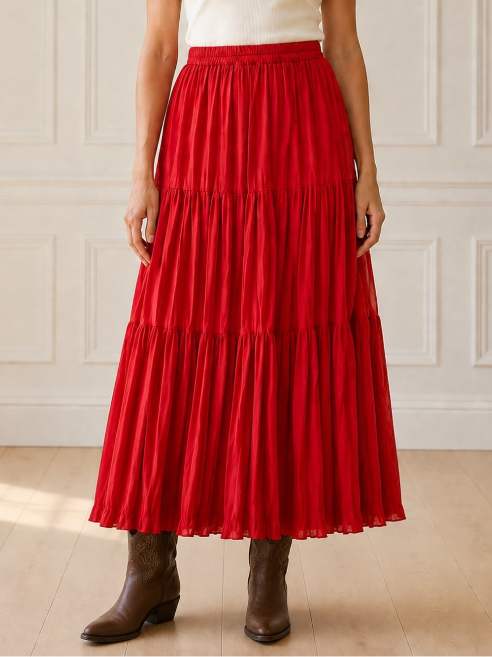 Vintage Country Gal Skirt Size Medium Red Satin Pleated Tiered Midi USA Western